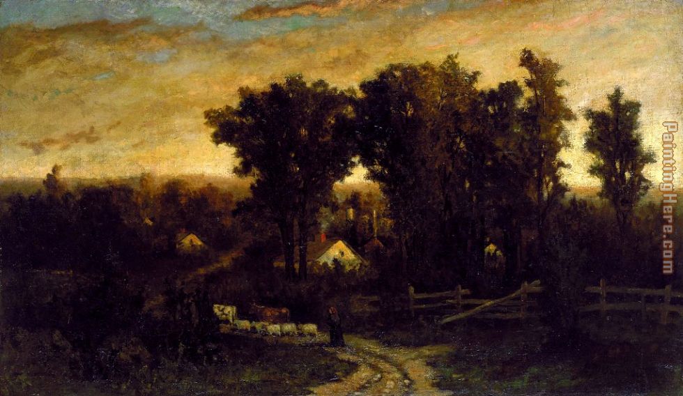 woman with cattle and sheep at dusk painting - Edward Mitchell Bannister woman with cattle and sheep at dusk art painting
